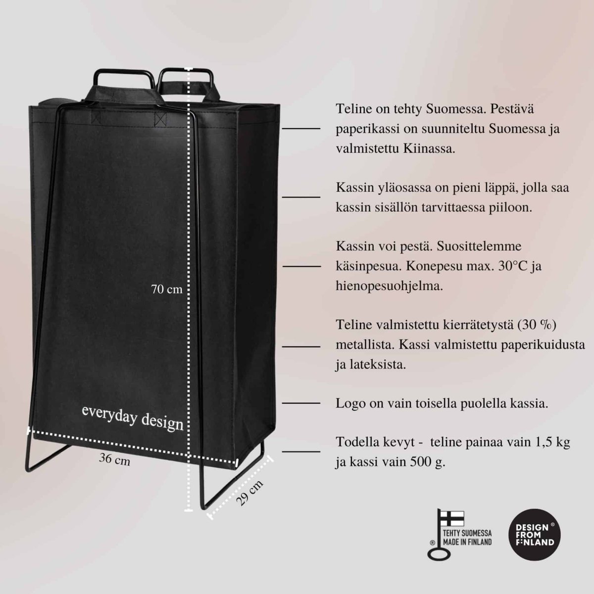 TURKU XL -kierrätysteline musta ja pestävä paperikassi - Image 4